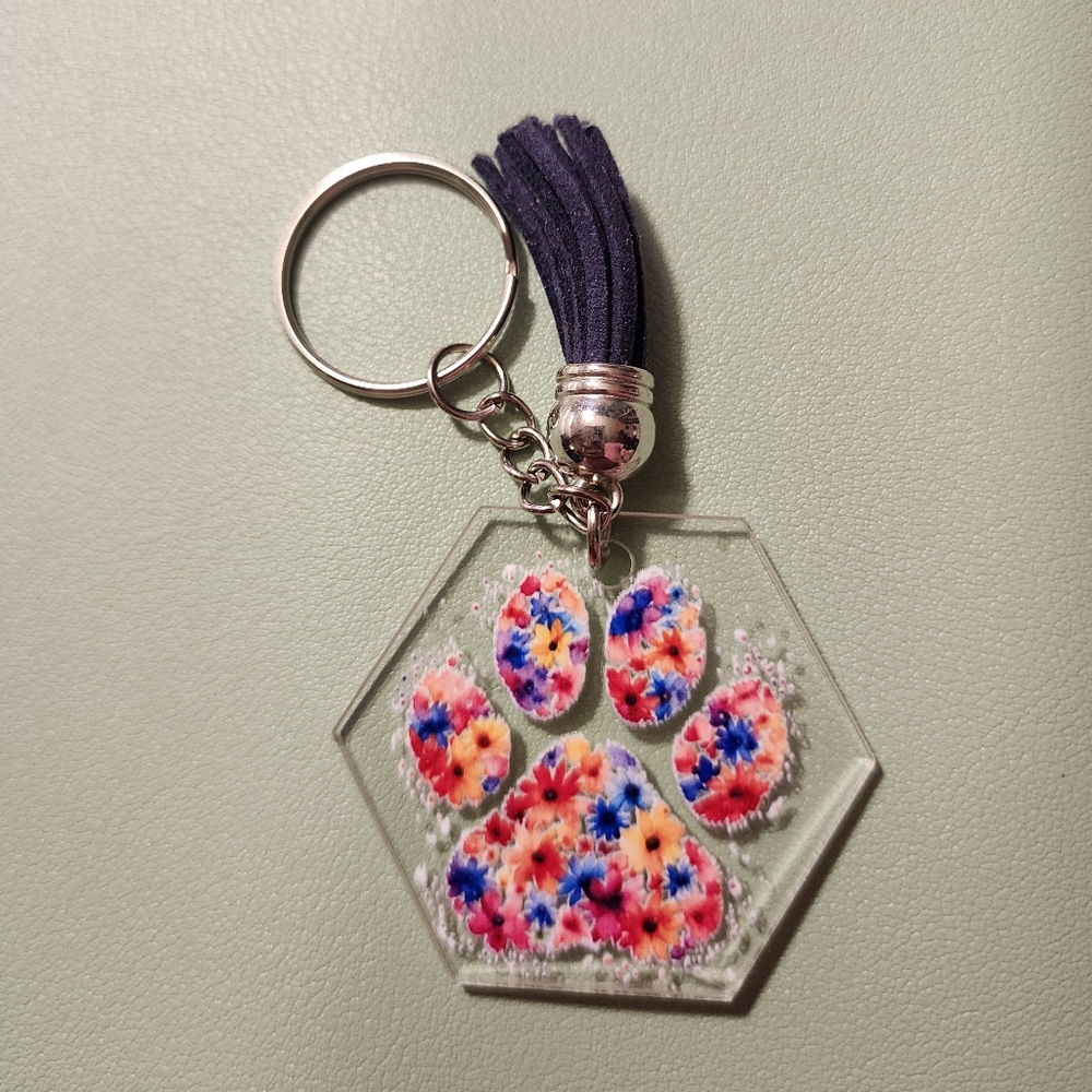 Floral Paw Print Keychain with Tassel
